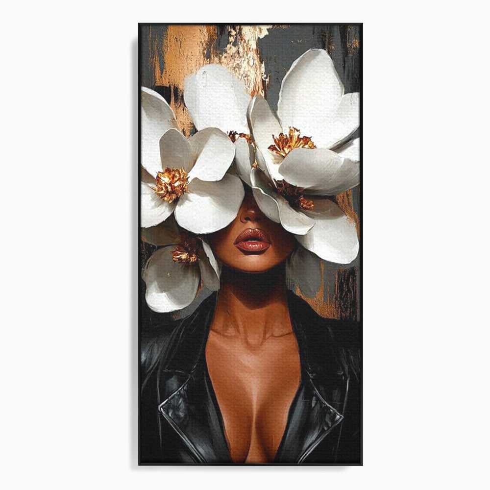Tablou canvas cu tablou canvas cu femeie si magnolii, in rama de aluminiu negru